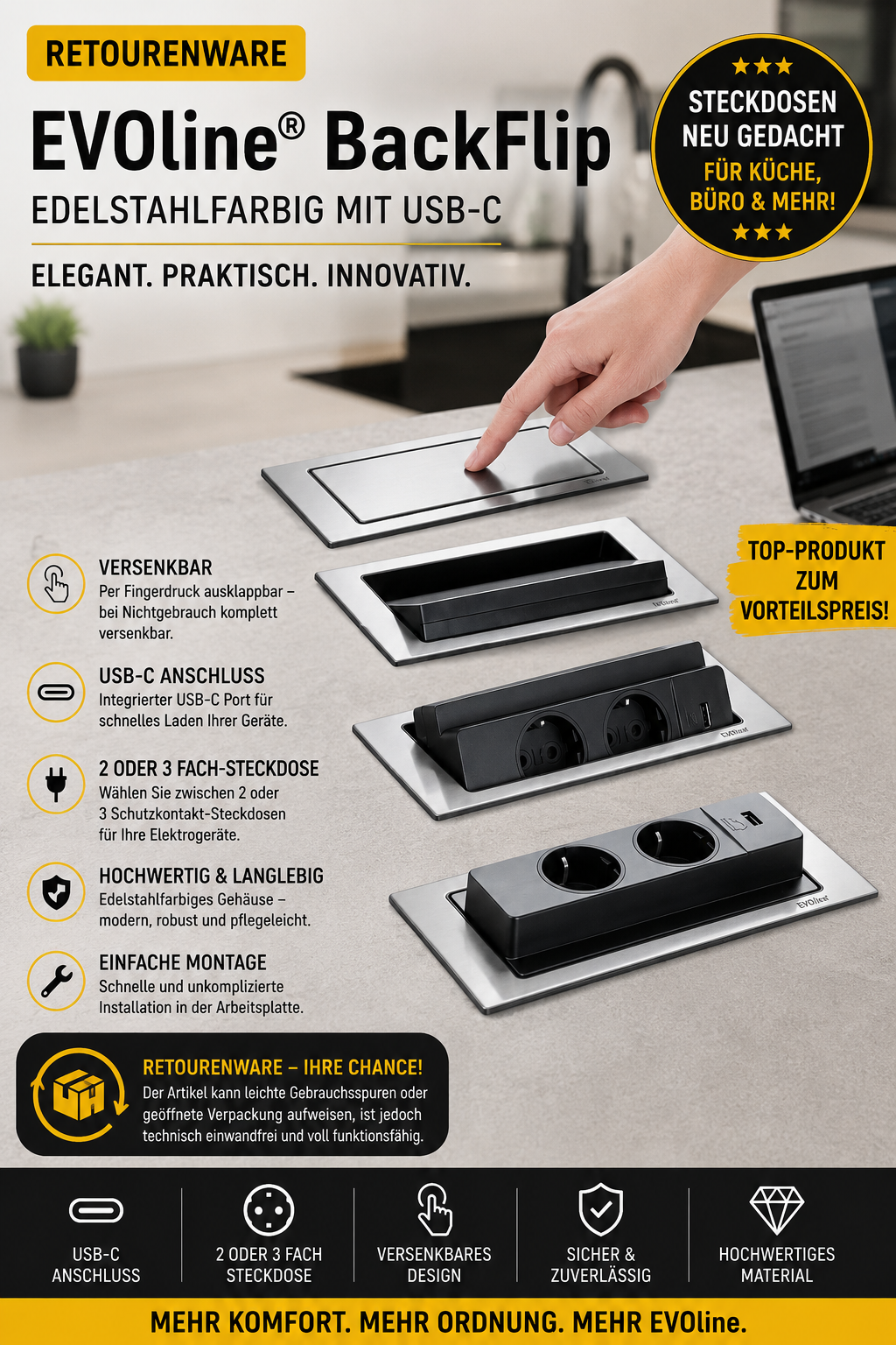 EVOline BackFlip, 2 Stk. Schukosteckdosen, 1 Stk. USB-C-Charger, Edelstahloptik