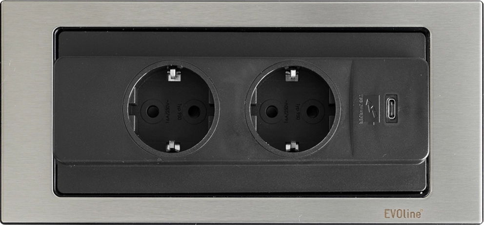 EVOline BackFlip, 2 Stk. Schukosteckdosen, 1 Stk. USB-C-Charger, Edelstahloptik